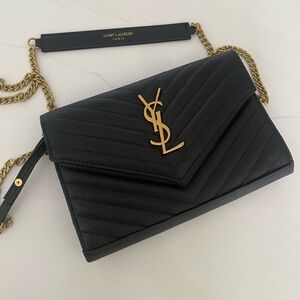 Vintage Saint Laurent Black Quilted Crossbody Bag with Gold Chain